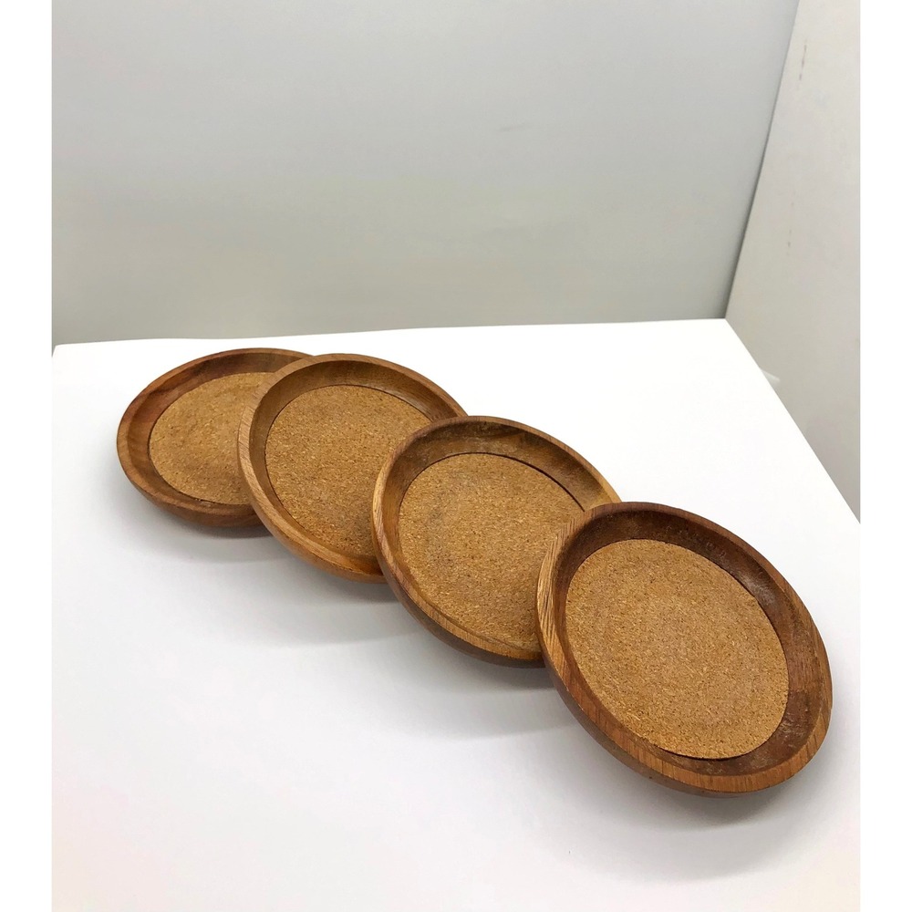 Vintage Set of 4 Round Wood and Cork Coasters with Non-Slip Feet Brown